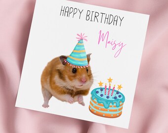 Birthday Card with Hamster in Party Hat, Greeting Card, Hamster Birthday Card, Personalised Card