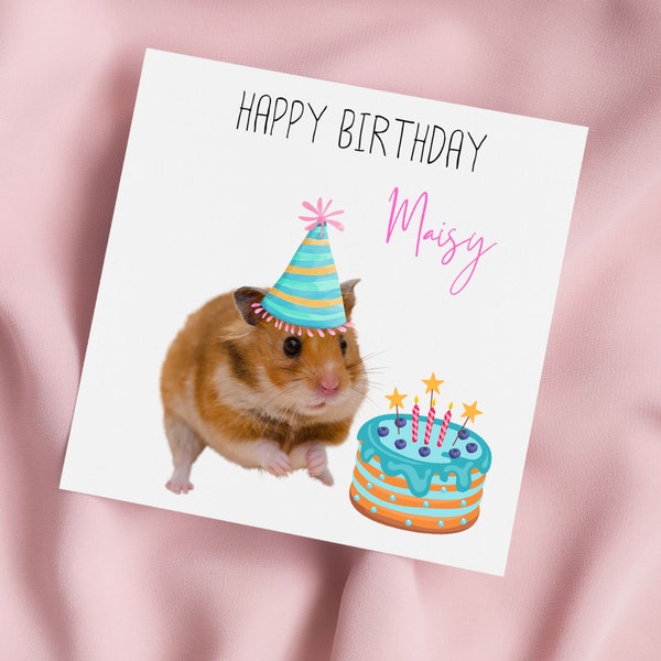 Birthday Card with Hamster in Party Hat, Greeting Card, Hamster Birthday Card, Personalised Card