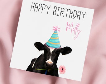 Birthday Card with Friesian Cow with Party Hat and Flower, Cow Greeting Card, Cow Card, Special Birthday, Personalised Card