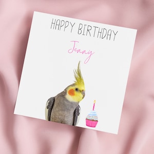 Carte d'anniversaire avec calopsitte, carte de voeux calopsitte, carte calopsitte, anniversaire spécial, carte personnalisée