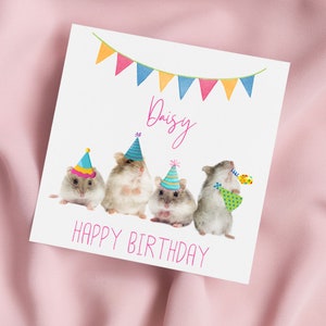 Carte d'anniversaire avec des hamsters dans des chapeaux de fête, carte de hamster, carte personnalisée