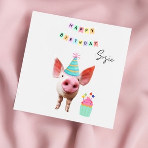 Carte d'anniversaire avec joli cochon et chapeau de fête, carte de voeux de cochon, carte de cochon, anniversaire spécial, carte personnalisée