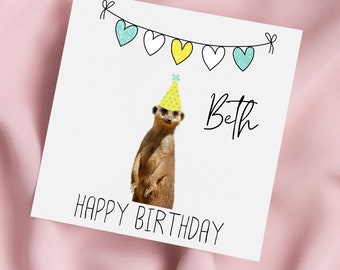 Birthday Card with Meerkat in Party Hat, Meerkat Greeting Card, Meerkat Card, Special Birthday, Personalised Card