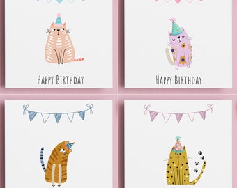 Set of Four Cat Birthday Cards, Cat Greeting Card, Birthday Card Set, Birthday Card