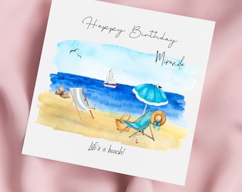 Seaside Birthday Card with Deck Chairs, Birthday Beach Card, Greeting Card by the Sea, Personalised Card