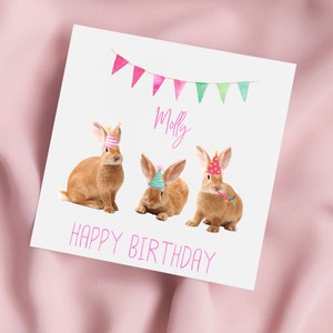 Birthday Card with Bunny Rabbits in Party Hats , Rabbit Greeting Card, Rabbit Card, Special Birthday, Personalised Card