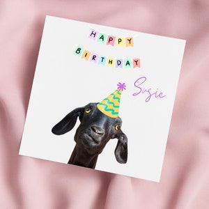 Carte d'anniversaire avec une chèvre coiffée d'un chapeau de fête, Carte de voeux chèvre, Carte chèvre, Anniversaire spécial, Carte personnalisée
