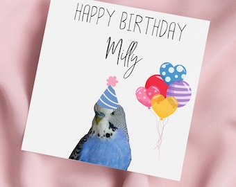 Birthday Card with Budgie in Party Hat, Budgerigar Greeting Card, Budgerigar Card, Special Birthday, Personalised Card