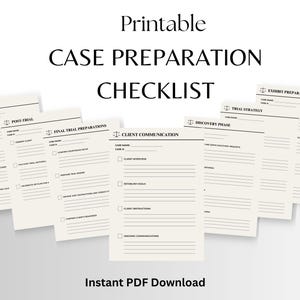 Puede incluir: Lista de verificación imprimible para la preparación de casos con encabezados para el día del juicio, el post-juicio, las preparaciones finales del juicio, la comunicación con el cliente, la fase de descubrimiento, la estrategia del juicio y la preparación de pruebas. La lista de verificación está diseñada para profesionales legales.