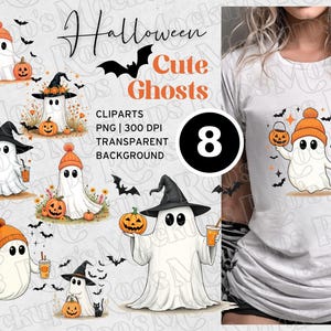 Halloween Bundle Cute Ghosts | 8 cute ghosts as digital sublimation graphics | Kawaii Halloween clipart for print on demand