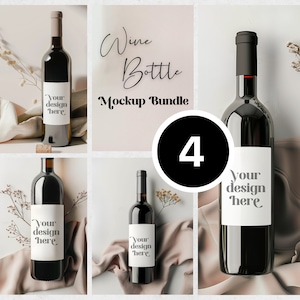 Könnte beinhalten: Ein Mockup-Bundle mit vier Weinflaschen mit leeren Etiketten. Die Flaschen sind mit Rotwein gefüllt und haben schwarze oder braune Verschlüsse. Auf den Etiketten steht "Your design here". Der Text "Wine Bottle Mockup Bundle" und die Zahl "4" sind ebenfalls sichtbar.