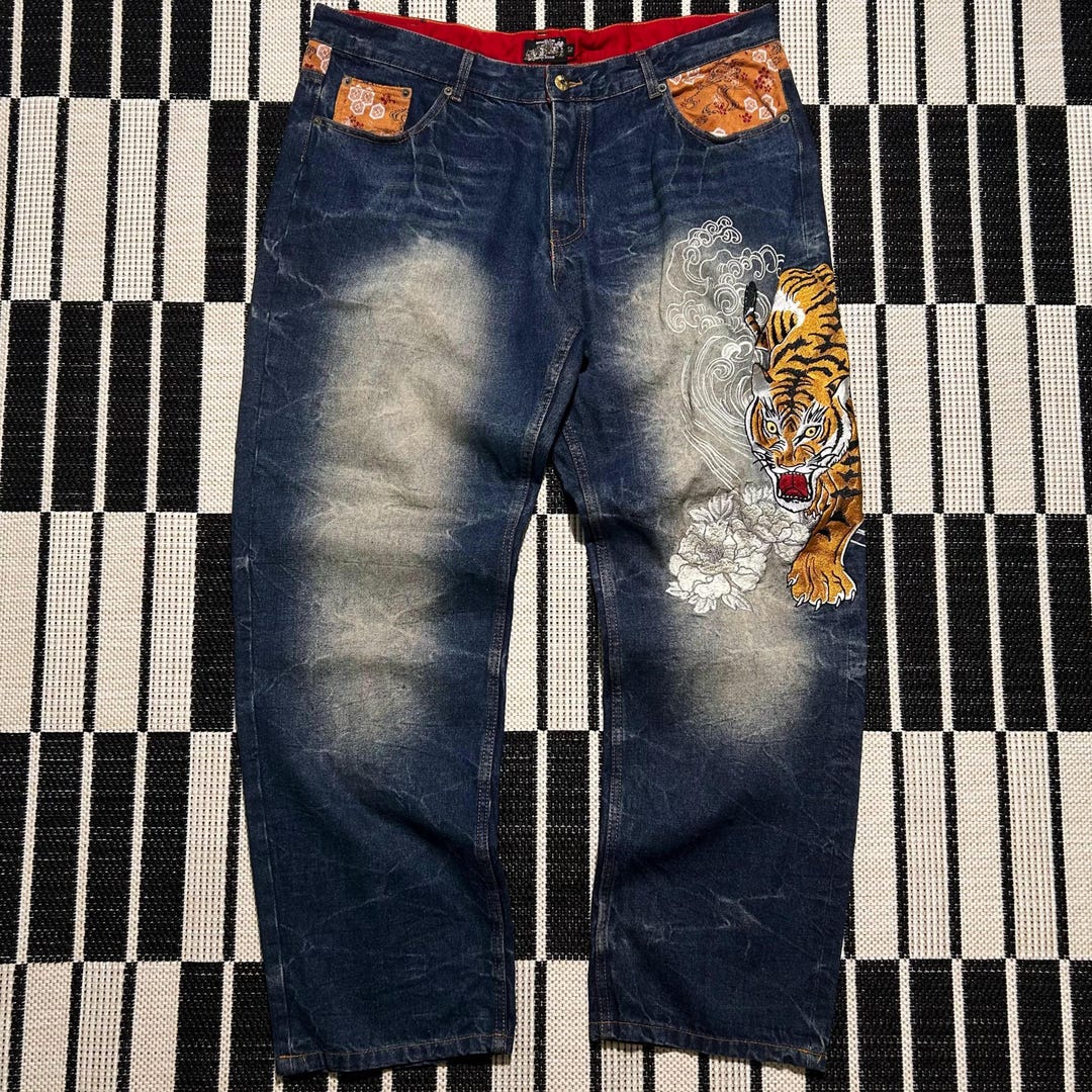 1990s vintage archive JAPAN 刺繍 デニム パンツ Vintage Unused Bukkiabou Japanese Embroidery Jeans Tiger