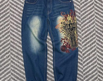 Vintage Unused Japanese Embroidered Jeans #Fugutaiten# Guanyin Buddha Slim Men&#39;s Size W32(W31)/W36(W35)/W38(W36)
