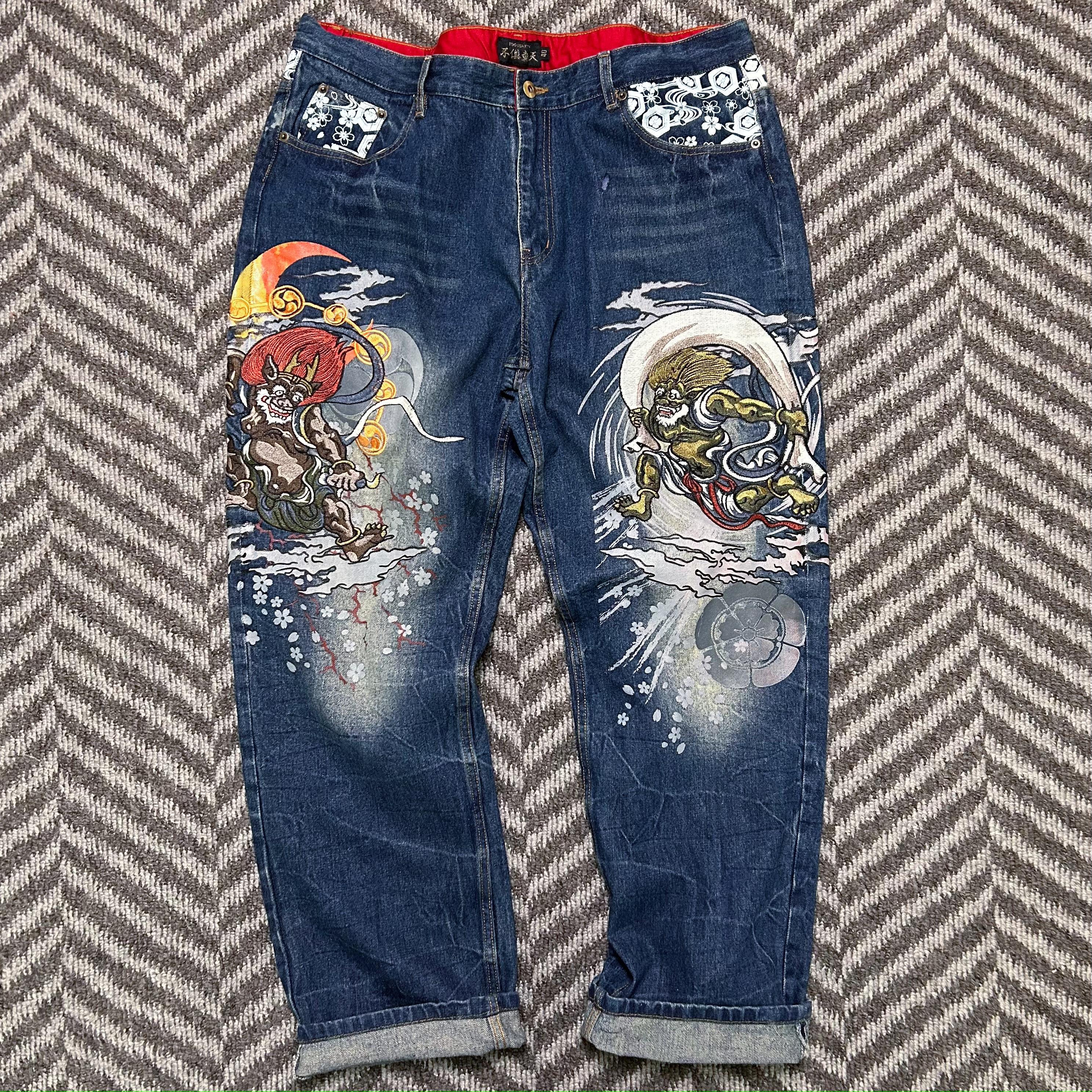 Vintage Japanese Embroidery Jeans #fugudaiten# Devil Bogy Monster