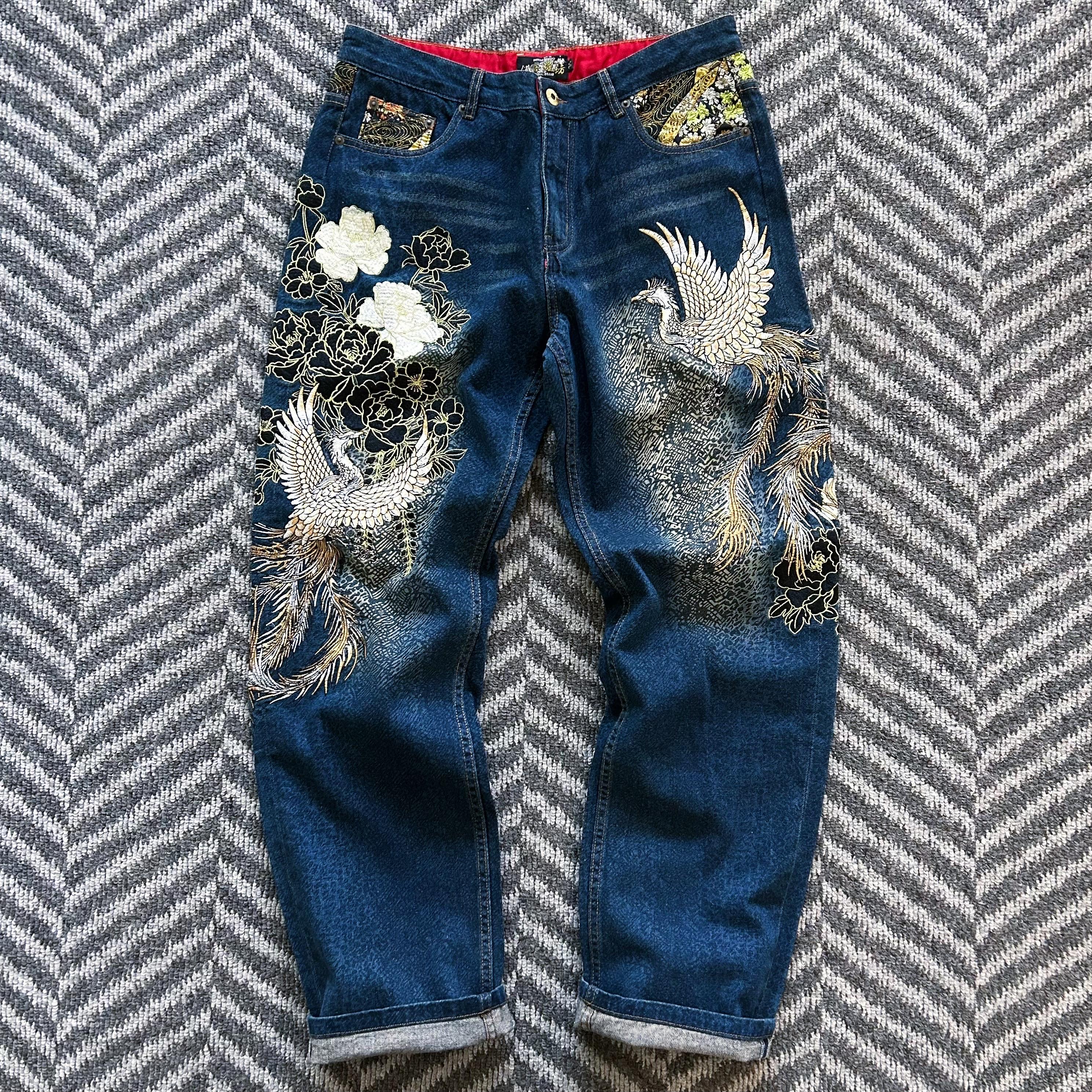 Bukkiabou Japanese Embroidered Jeans Phoenix Black Flowers Slim 