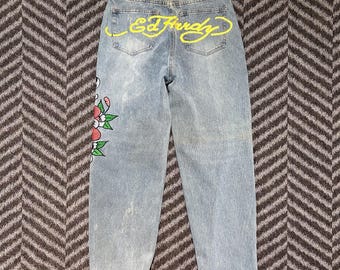Vaqueros azules Ed Hardy Y2K sin usar con tatuaje de desamor bordado, talla 28 W