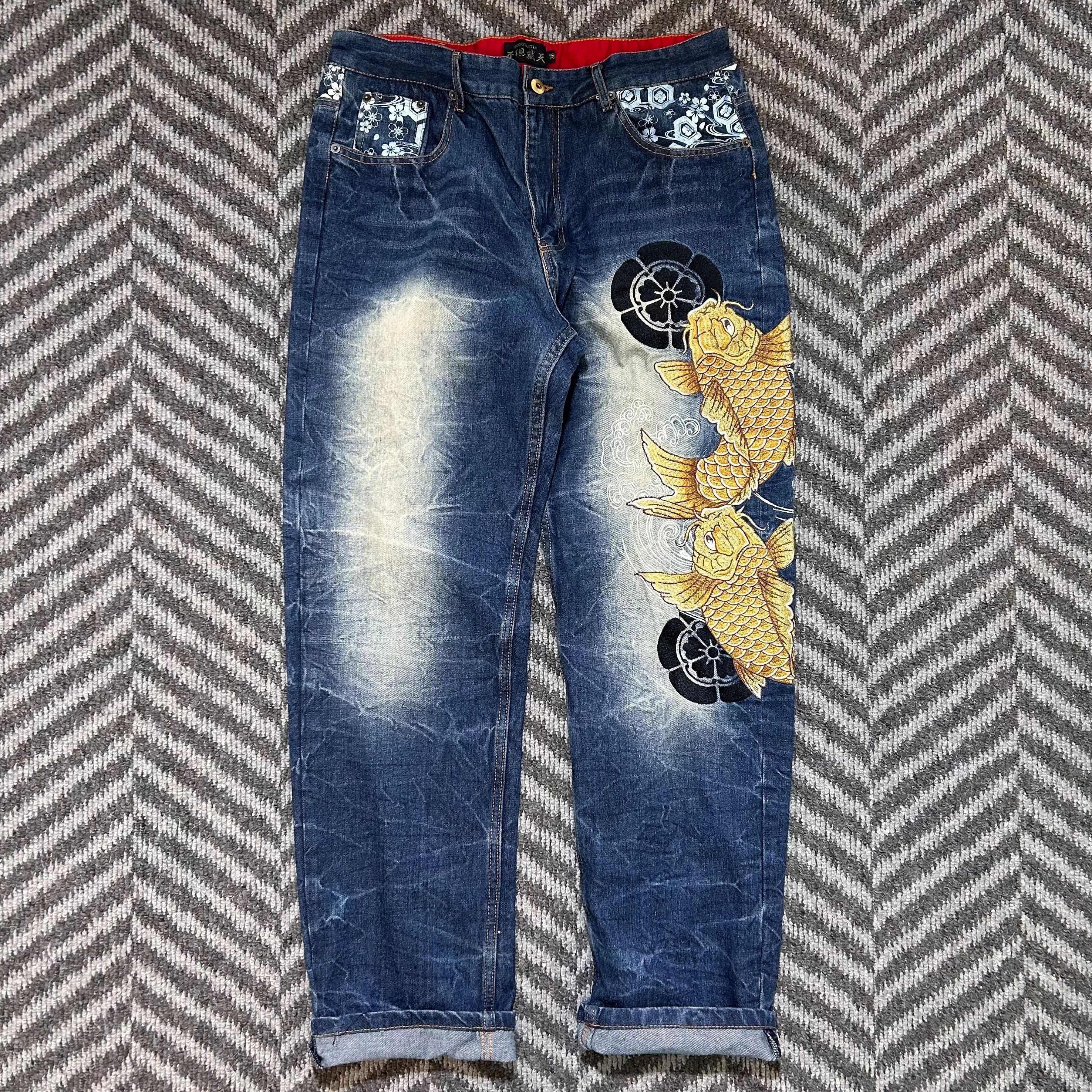 Vintage Unused Fugutaiten Japanese Embroidered Jeans Koi Crap & Flower Slim Size W36 (Measured 35)