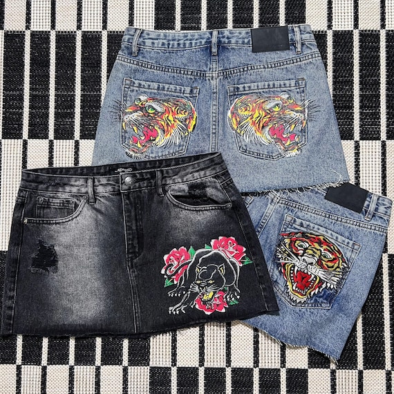 Ed Hardy スカル薔薇ロゴ刺繍　デニムミニスカート Ed Hardy スカル薔薇ロゴ刺繍 デニムミニスカート セール】【インナー
