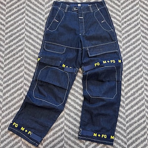 Vaqueros vintage M+FG Marithe + Francois Girbaud azul tinta unisex Y2K, ropa de calle holgada con letras amarillas (LEA la DESCRIPCIÓN antes de comprar)