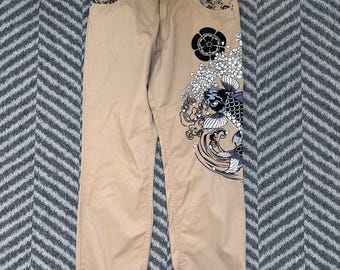 Vintage Japanese Style Cargo Pants (With Stains) #Fugudaiten# Embroidery Japanese Koi Crap Men&#39;s W36/W39