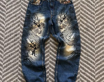 Bukkiabou Japanese Embroidered Jeans Double Black Dragon Slim Size W32L31
