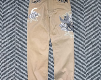 Japanese Style Cargo Pants #Fugudaiten# Embroidery Phoenix & Flower Men&#39;s W34