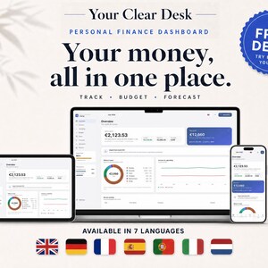 May include: A digital personal finance dashboard displayed on a laptop, tablet, and smartphone. The screen shows financial data, charts, and the text Your Clear Desk, Personal Finance Dashboard, Your money, all in one place, Track, Budget, Forecast.
