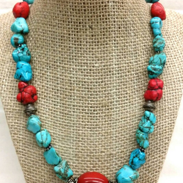 Turquoise necklace, large coral centerpiece, sterling silver, silver beads, silver clasp, howlite, beaded necklace, chunky, handmade clasp