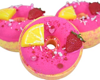 Strawberry Limoncello Donut Bath Bomb - Sweet Citrus Escape Vegan Gift for Mom Kids Relaxation