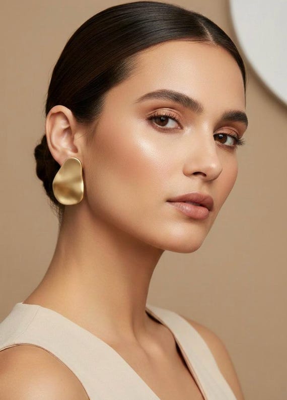 Asymmetrical Gold Stud Earrings, Mismatched Organic Shape, Sculptural Disc, Modern Minimalist Wearable Art, 3.5x2.6cm