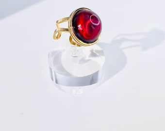 Ruby Red Resin Ring - Adjustable Gold Tone Cocktail Ring