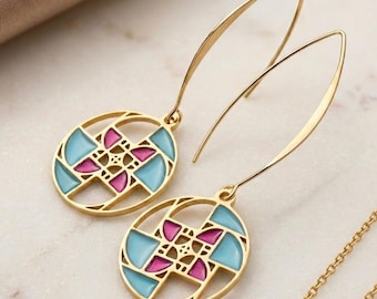 Fibonacci Spiral Mosaic Resin Earrings, Geometric Gold Threader Dangle