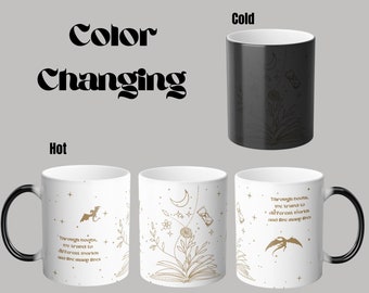 Book Lover Color Changing Mug, Fantasy, Dragons, Stars, Flowers, Through Books We Travel to Different Worlds and Live Many Lives, Tea