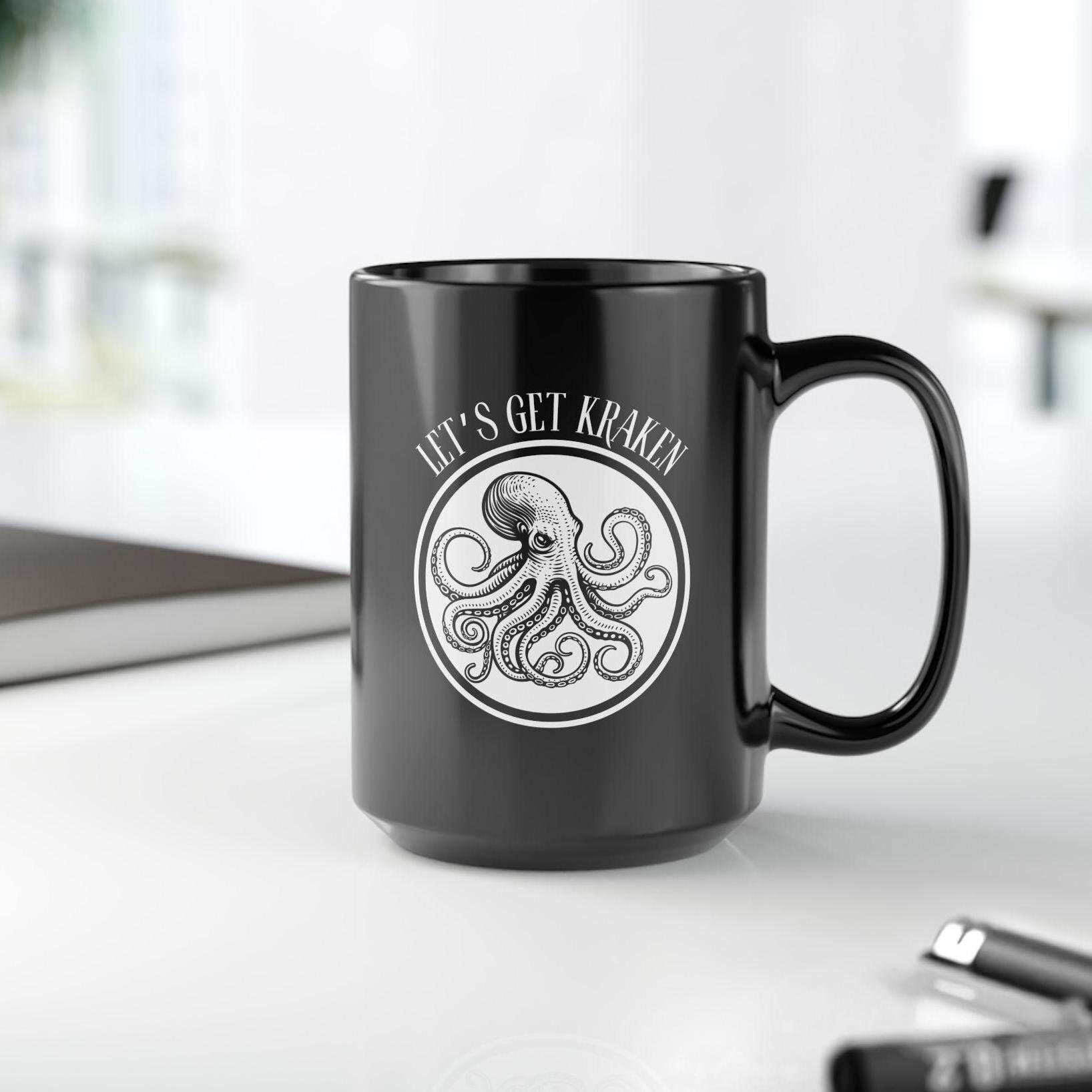 Let's Get Kraken Ceramic mug, Black coffee cup, Ocean lover gift, Sea monster mug, Nautical theme decor, Gift for sailor or office
