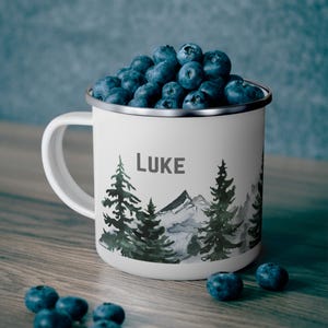Personalized Mountain Landscape Enamel Camping Mug, Unbreakable Camp Cup, Forest, Mountains