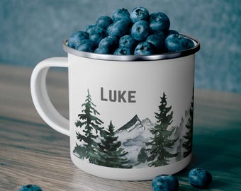 Personalized Mountain Landscape Enamel Camping Mug, Unbreakable Camp Cup, Forest, Mountains