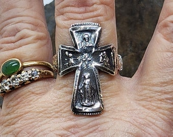 CROSS Religious Ring, Sterling Silver Saints 4 Way Scapular Medal, Vintage Religious Medal, sz 10.25, Catholic Faith Jewelry (7)