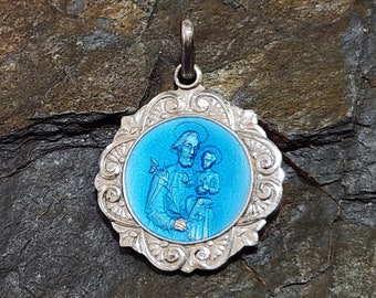 St. Anthony Medal, Vintage Sterling Silver, Blue Enamel Saints Pendant, Lovely Condition, Art Deco or Eastlake Style, Clean & Bright