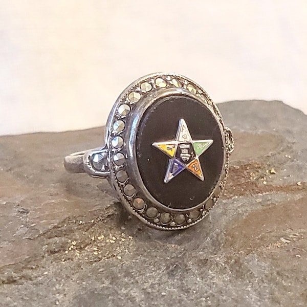 Eastern Star Masonic Pinky Ring, Antique Sterling Silver, Black Onyx, Marcasites, Enamel, Small Size,  Original by UNCAS