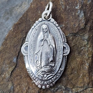 Vintage Virgin of Guadalupe Pendant, Sterling Silver, Religious Medal, Nuestra Senora de Guadalupe, Sacred Heart, Catholic Faith Jewelry