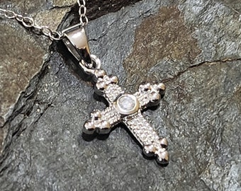 CZ Cross Pendant Religious Necklace, 16" Chain, Sterling Silver, Small Discreet & Bright!