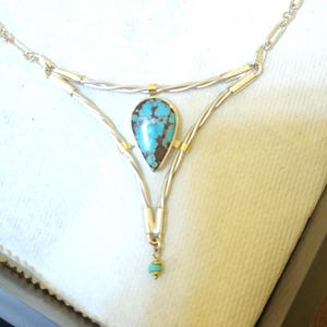 Modern Turquoise Necklace, 18k Gold & Sterling Silver, Handmade, Natural Turquoise, New Design