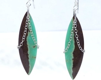 Chrysoprase Earrings, Sterling Silver Dangles, Green Chrysophase, Handmade, OOAK, Statement Earrings,