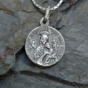 Religious Medal Necklace, Sacred Mary / St Gerard / Perpetual Hope, Sterling Silver, Vintage, Holy Mother, 24&quot; chain, For Expectant Mothers
