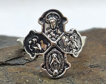 CROSS Religious Ring, Sterling Silver Saints 4 Way Scapular Medal, Vintage Religious Medal, sz 7, Catholic Faith Jewelry (3)