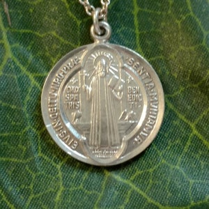 Saint Benedict Medal CROSS Religious Pendant, Sterling Silver,  18" chain, excellent condition, PAX, Peace, Christian sacramental medal