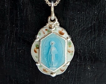 Enamel Miraculous Medal, Antique Religious Necklace, Sterling Silver, 18" Chain, Flowers or Autumn Leaves