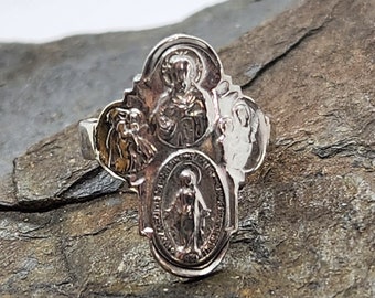 CROSS Religious Ring, Sterling Silver Saints 4 Way Scapular Medal, Vintage Religious Medal, sz 4, Catholic Faith Jewelry (5)