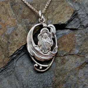 Art Nouveau Religious Medal Pendant, Antique Sterling Silver, 18&quot; Chain, Unusual Scapular Medal, Christian, Catholic Faith Jewelry