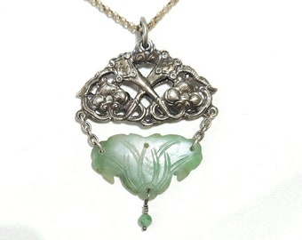 Colgante de flor de loto de jadeíta tallada antigua, plata china, 17 .5 pulgadas de largo, jade genuino centenario